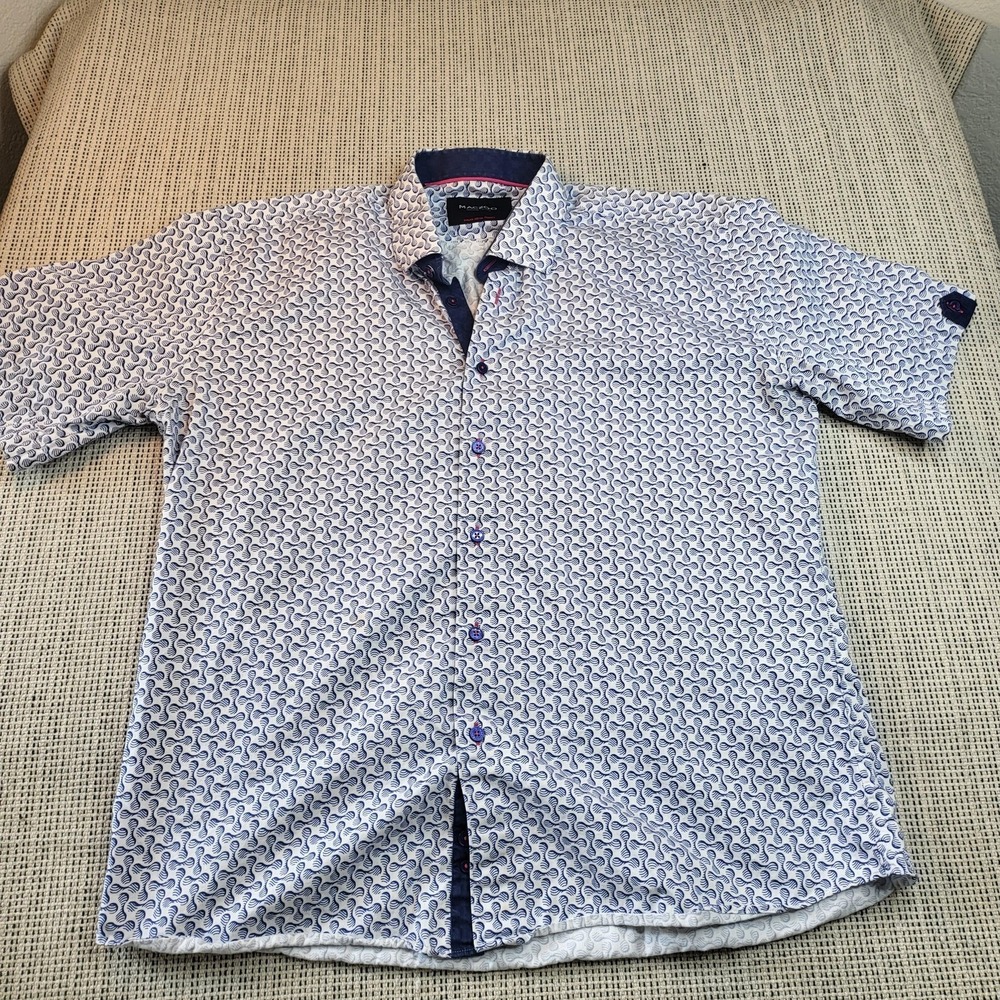Maceoo Shirt Mens 6XL Blue Geometric Short Sleeve Button Front Casual‎ Summer
